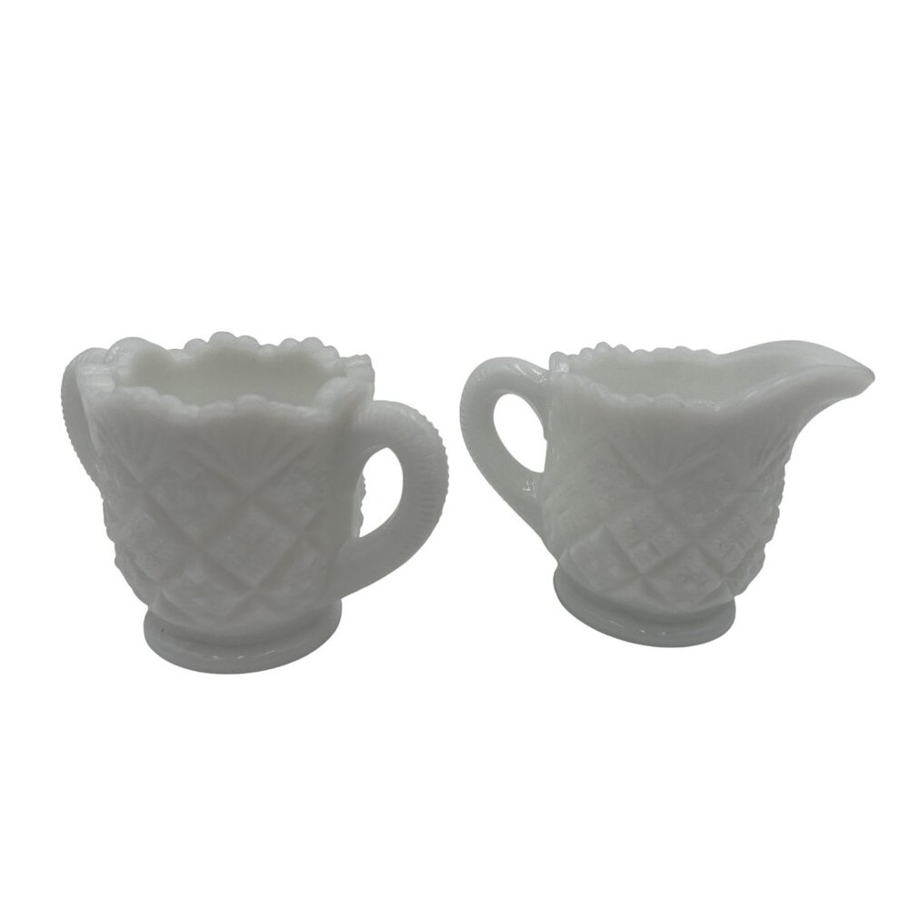 Vintage Milk Glass Creamer & Sugar Bowl Set Button Diamond Pattern